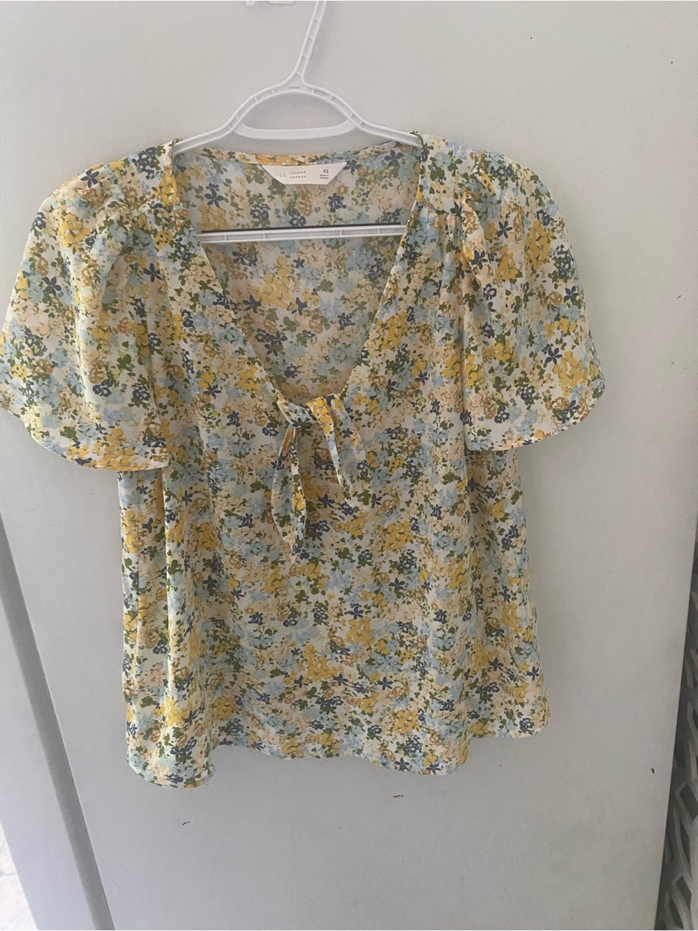 LC Lauren Conrad Yellow and Blue Floral Tie-Front Blouse